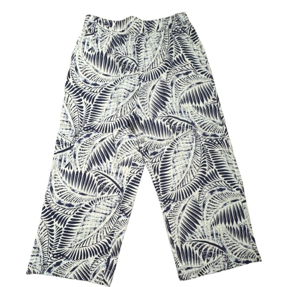 Tahari NWOT 100% Linen Blue Tropical Print Wide Leg Cropped Pants Women's Large